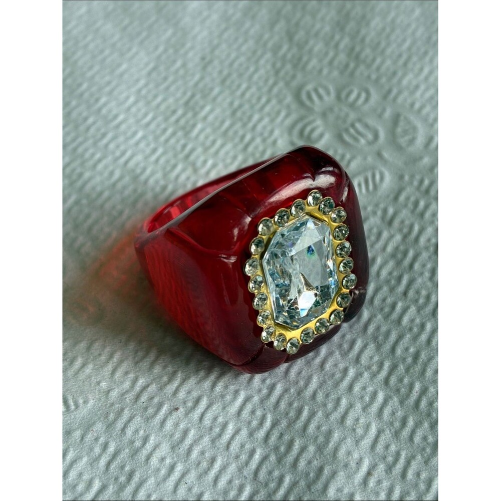 NEW Red acrylic bold chunky summer cocktail party ring with white center stone 8